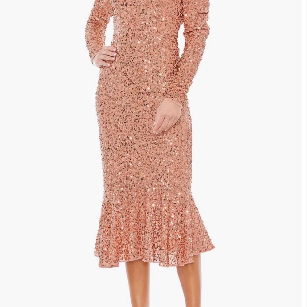 Mac Duggal Sparkling Rose Gold Long Sleeve Dress